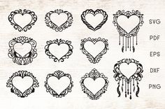 valentine's day svg bundle with hearts, arrows and other decorative elements in black ink