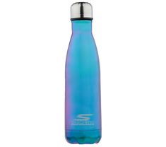 a blue water bottle with a silver lid