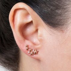 "New dainty Star Climber Earrings. A perfect gift for special occasions, or for yourself. ★1 YEAR WARRANTY★ Our products are plated with a thick layer of 14k solid gold on sterling silver (925K), made with a special technique called \"vermeil\". All our jewelries are guaranteed for one year against tarnishing and deterioration. Provided that they are protected from water, soap and chemicals, they can be used for many years with their first day appearance. Our products are the best alternatives o Climbing Earrings, Dainty Gold Earrings, Ear Crawler, Bridesmaid Earrings Gold, Diamond Pendants Designs, Diamond Mangalsutra, Ear Crawlers, Ear Climbers Earrings, Ear Climber