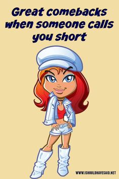 a cartoon girl with red hair wearing white boots and a hat, standing in front of a