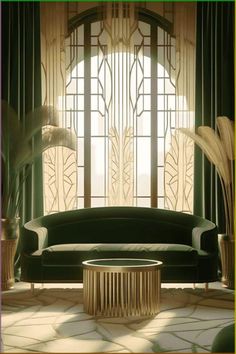 an art deco living room with green velvet sofa and round coffee table in front of large window