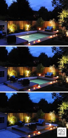 three different shots of a pool at night and in the middle of two pictures are lit up with lights