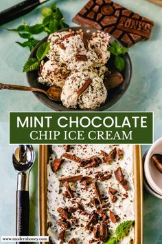 mint chocolate chip ice cream in a bowl and on a tray with spoons next to it