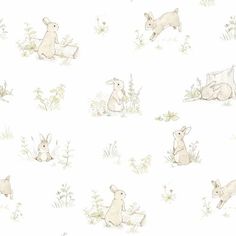 an image of rabbits in the grass on a white wallpaper background that is perfect for children's room decor