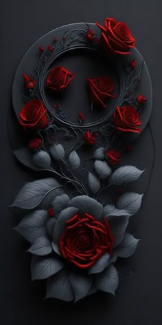 red roses are arranged in the shape of a circle with leaves and flowers on it