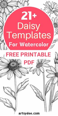 an image of flowers with the text, 21 daisy templates for watercolor free printable