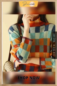 Casual and Stylish Winter Pullover Fall Color Matching Tops, Plaid Crew Neck Sweater For Fall, Fall Crew Neck Sweater With Color Matching, Cozy Multicolor Long Sleeve Tops, Fall Color Matching Sweater For Layering, Plaid Sweater For Fall, Plaid Long Sleeve Winter Sweater, Cozy Multicolor Winter Tops, Plaid Long Sleeve Sweater For Fall