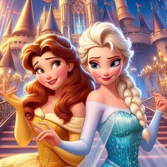 two princesses standing next to each other in front of a castle with lights on