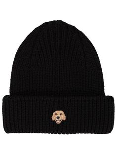 black merino wool fine ribbed Labrador dog patch turn-up hem Patch Beanie, Dog Patch, Aviator Watch, Beanie Black, Balenciaga Track, Office Bag, Labrador Dog, Balenciaga Triple S, Custom Watch