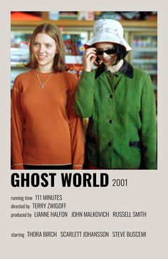 two people standing next to each other in front of a book cover with the title ghost world 2011