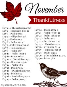 a thanksgiving prayer with a red leaf on it and the words november, thanksgiving written in black