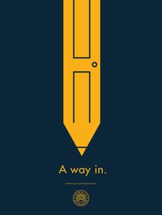 a yellow pencil with the words a way in on it, and an image of a door