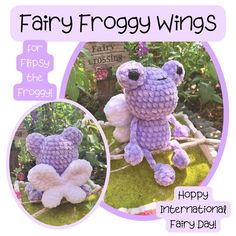 a purple stuffed animal sitting on top of a green moss covered ground with the words fairy frogy wings written below it