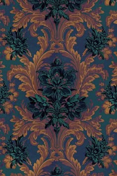 an ornate wallpaper pattern in blue and brown colors with green leaves on the side