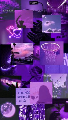 a collage of photos with purple and black colors