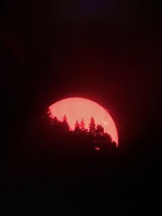 the sun is setting behind some trees in the dark sky, with red light coming from it's center