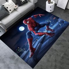 a living room area rug with the image of spider man on it's floor