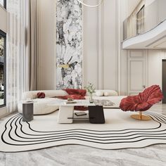 an elegant living room with marble walls and flooring