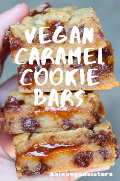 vegan caramel cookie bars stacked on top of each other with text overlay