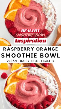 two bowls filled with raspberry orange smoothie bowl next to an orange slice