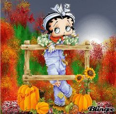 an image of a cartoon character with pumpkins and sunflowers in the background