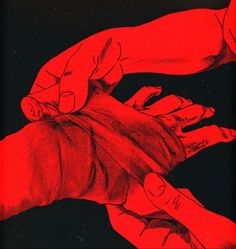 two hands reaching out towards each other with red ink on black paper overlaying the image