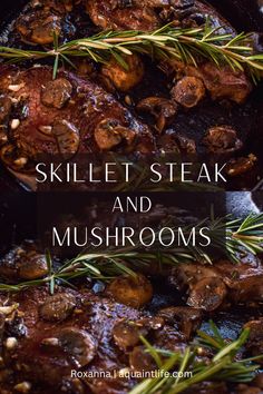 skillet steak and mushrooms in a cast iron skillet with rosemary sprigs