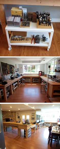 three different views of a kitchen and dining room from the top to the bottom, with wood flooring