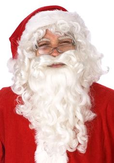 Mrs. Claus Deluxe Costume for Women Beard Wig, Curly Beard, Santa Beard, Stocking Cap, White Beard, Red Suit