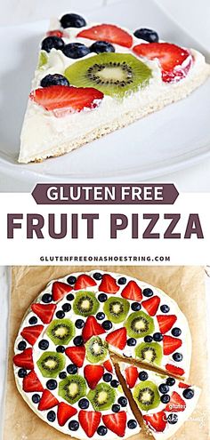 a slice of fruit pizza on a plate with the text gluten free fruit pizza