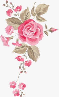 a pink rose with leaves and flowers on a white background, for wallpaper or fabric