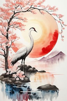 a painting of a crane standing on a rock in front of a lake with cherry blossom trees