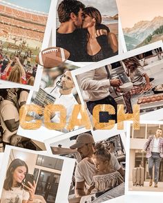 collage of photos with the word coach written in gold on them and people standing around