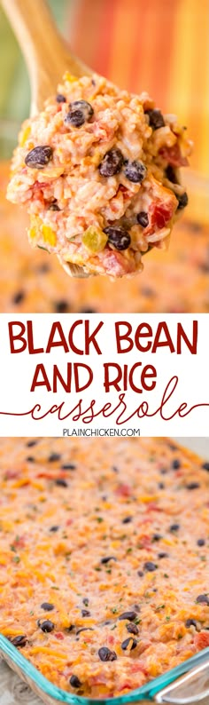 black bean and rice casserole in a glass dish with a spoon