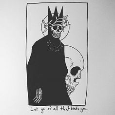 a black and white drawing of a skeleton wearing a crown