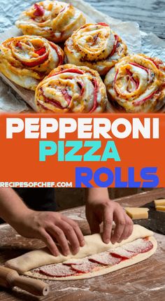 a person making pizza rolls on top of a wooden table with text overlay that reads peperoni pizza rolls