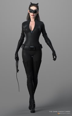 a woman in black catsuits is walking