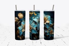 three vases with flowers painted on them