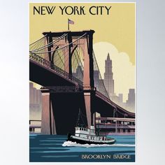 a poster with a boat going under a bridge in new york city, ny by corbi