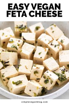 easy vegan feta cheese recipe in a white bowl with the title overlay