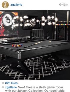 a pool table in a room with chandeliers and art work on the wall