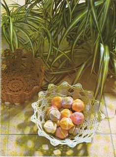 a bowl filled with fruit sitting on top of a tiled floor next to potted plants