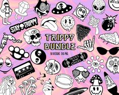 a bunch of stickers that say trippy bundle on the back of a pink background