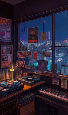 a room filled with lots of musical equipment in front of a window overlooking the city