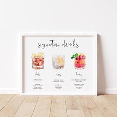 a white framed poster with three different drinks on the side, including lemons and raspberries