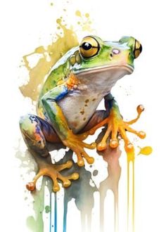 a green frog with yellow eyes sitting on top of a white wall and dripping paint