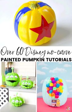 some pumpkins painted to look like cartoon characters