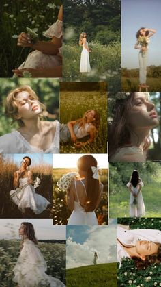 a collage of photos with different women in white dresses and flowers on the grass