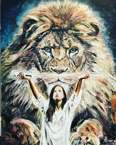 a painting of a woman standing in front of a lion with her arms raised up