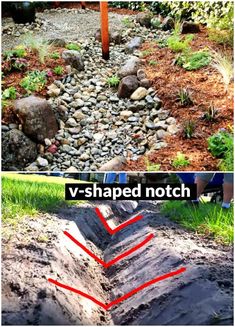 two pictures with different types of rocks in the ground and one has red tape on it